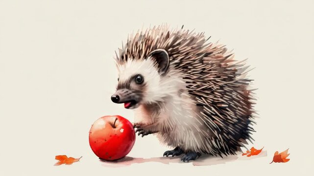 Video A hedgehog holds an apple in its paws, a small and cute moment