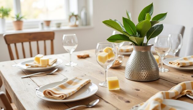 Elegant dining table set with yellow accents and fresh greenery  