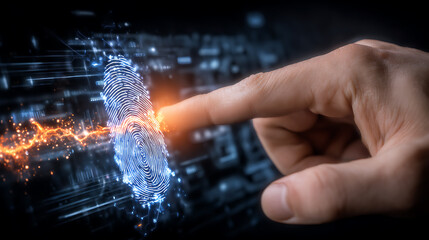Fingerprint biometric security identification authentication access technology digital cyber interface Human finger touch glowing fingerprint scanner for biometric security identification