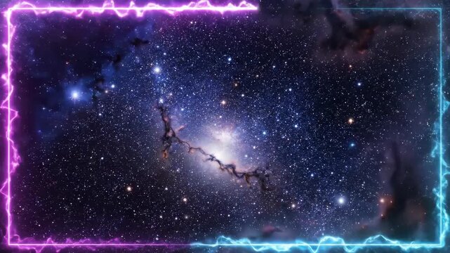Cosmic Window Portal: A mesmerizing journey through space with vibrant neon light borders