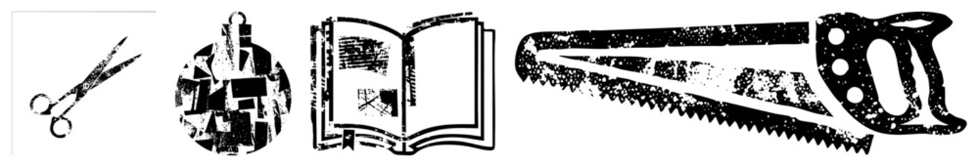 Obraz premium Vintage Style Scissors, Abstract Weight, Open Book, Hand Saw Vector