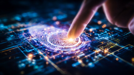 Finger fingerprint biometric scanner security technology identification digital access authentication Glowing fingerprint scanner touching finger, futuristic biometric security technology