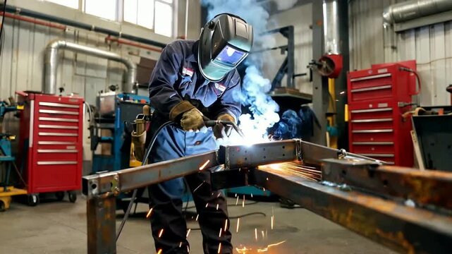 Professional Welder Sparks Metal in Workshop - Industrial Manufacturing