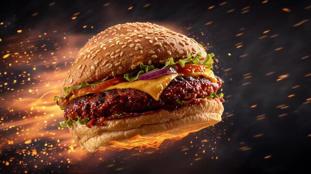 Two gourmet burgers engulfed in dramatic fiery orange flames