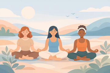 Women meditating together in calm abstract landscape with peaceful colors and gentle motion