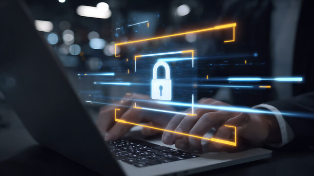 Cybersecurity data protection cyber attack network security online privacy digital lock glows over laptop as person types, abstract lines suggest secure connection and modern technology defense