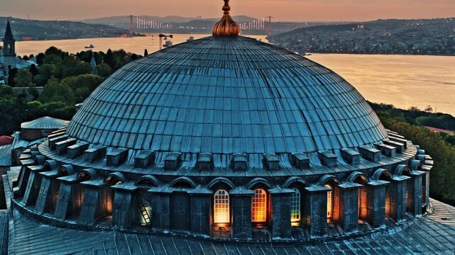 Aerial view of Istanbul skyline with historic mosques and the Bosphorus strait at sunset, urban cityscape featuring Blue Mosque and Hagia Sophia in Turkey.