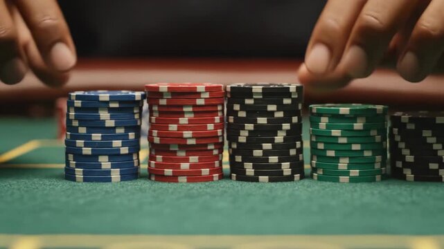 Hands adjusting uneven poker chips. Unevenly stacked poker chips being adjusted by hands, fingertips nudging stacks into balance on a felt table.