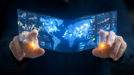 Futuristic technology hologram data analytics finance business hand screen chart map Futuristic technology hologram data analytics finance business hand screen chart map concept with glowing touch