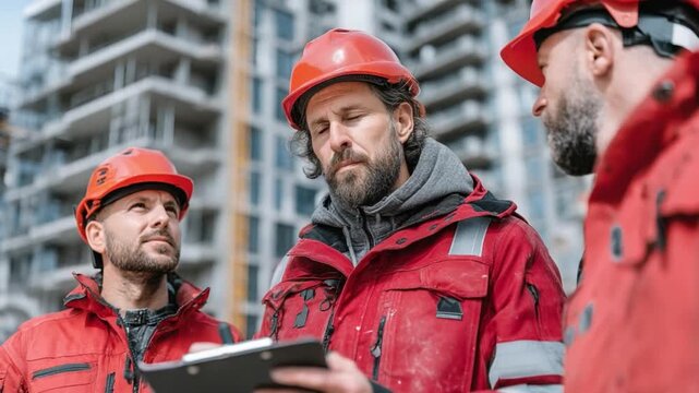 Construction Discussion: Three construction workers in their vibrant red workwear and protective helmets meticulously discuss building plans on-site, a tangible display of collaboration and expertise.