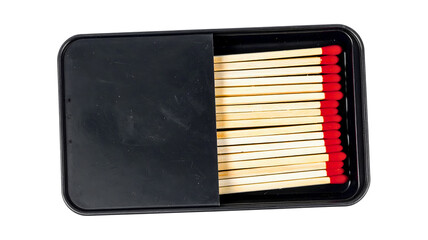 Open black matchbox with wooden matches showing red tips. Isolated on transparent background, png