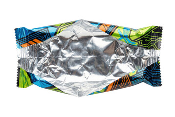 Empty foil wrapper with circuit pattern isolated. Futuristic trash.