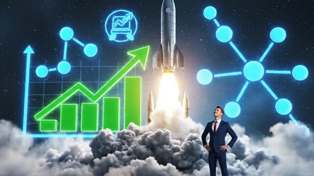 This dynamic conceptual video features a confident business professional observing a sleek rocket launching into a starlit sky, symbolizing a powerful ascent towards success. Vivid glowing graphical e