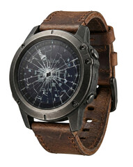 Smashed smartwatch with bullet hole isolated. Destroyed wearable tech.