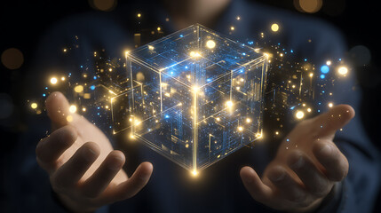 Hologram cube digital data glowing light cyber security data protection innovation technology virtual reality network future concept radiant hologram cube of digital data and glowing light between