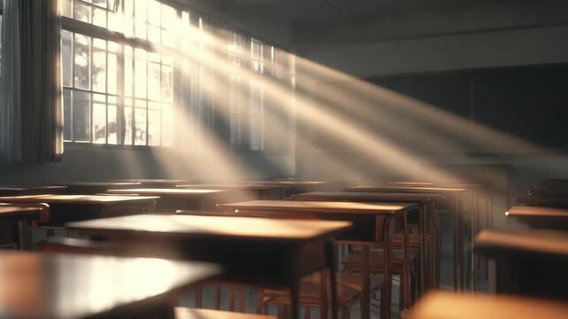 Sunlight streams through large classroom windows, illuminating empty wooden desks and chairs peaceful, quiet morning atmosphere, with dust particles visible warm sunlight, evoking calm, nostalgic
