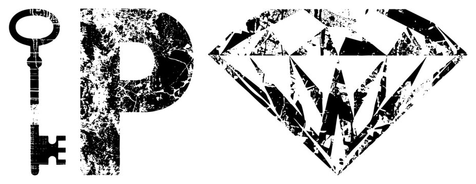 Vintage Key, Letter P, and Diamond Logo Symbols in Grunge Style