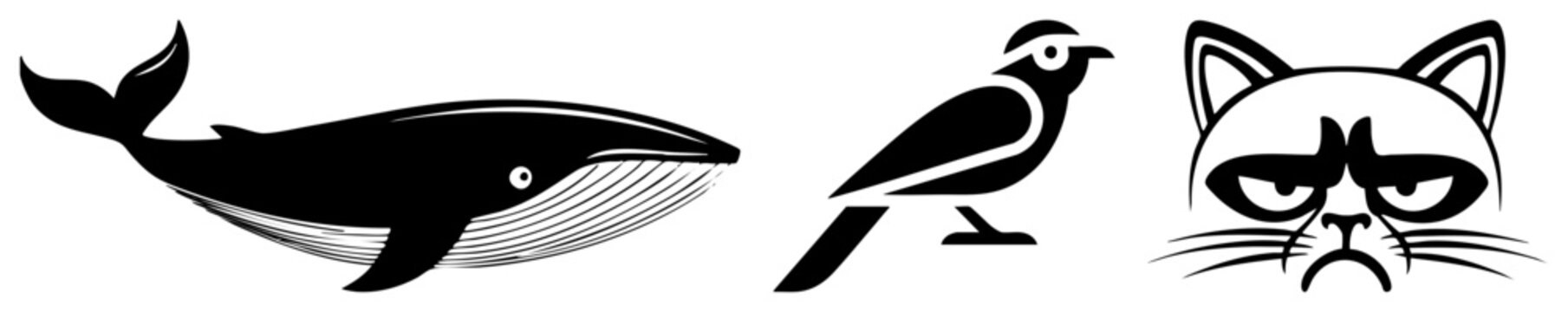 Stylized Whale, Bird, and Grumpy Cat Vector in Black and White