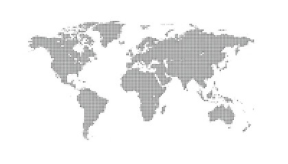Black and white illustration of a world map in a pixelated style