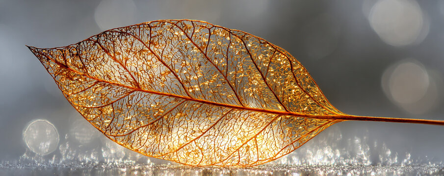 Transparent golden leaf skeleton on soft blurred gray bokeh background 32k ultra HD