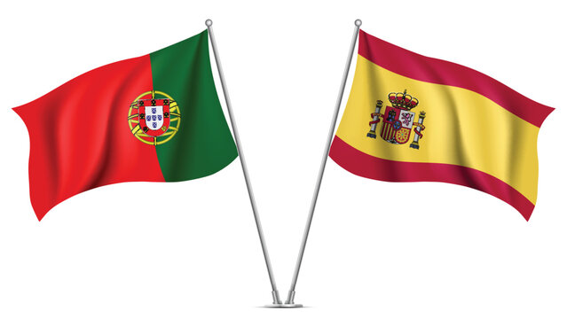 High Quality background with Two Standings Wavy Flags of Spain and Portugal