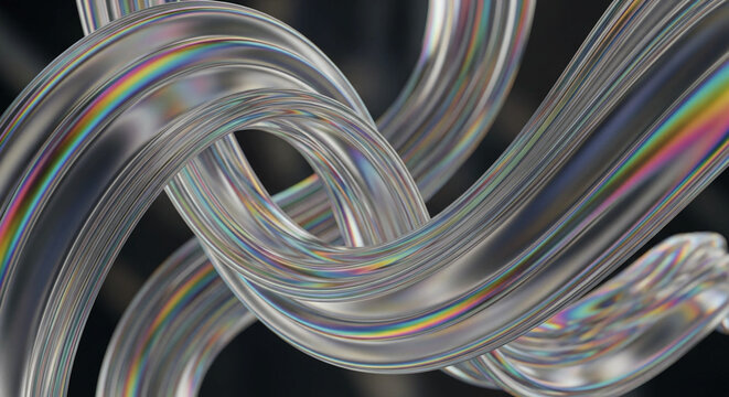 Holographic silver tubes intertwined in a knot with rainbow effects on a dark background