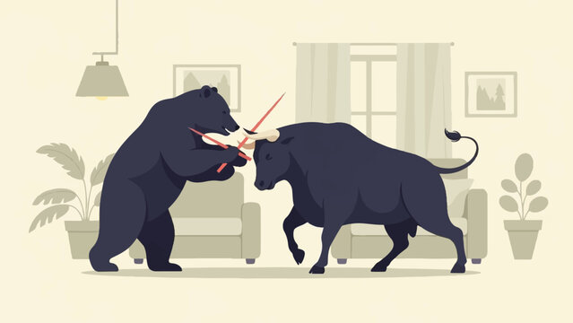 A bear and bull confront each other with glowing swords in a room
