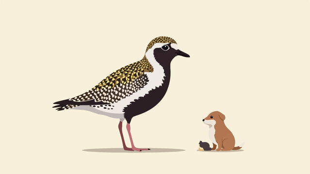 A bird stands over a small dog and its toy