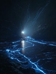 Eerie Blue River: Mysterious and Enchanting Underground Landscape Scene