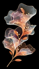 Botanical Elegance: A delicate, translucent floral arrangement unfolds against a dark backdrop, its petals shimmering with a soft, ethereal glow, evoking feelings of serenity and beauty.