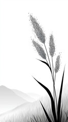 Tranquil Reed in Serenity: An elegant, grayscale depiction of a reed, its delicate form standing tall against a misty mountain background, evokes a sense of peace and natural harmony.
