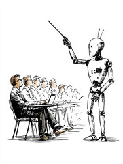 Robotic Revelation: A conceptual artwork depicts a humanoid robot presenter engaging a seated audience, representing the future of technology and its impact on learning.