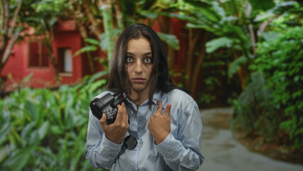 Young woman holding camera close and pointing thumb to chest in front of red building and leafy...