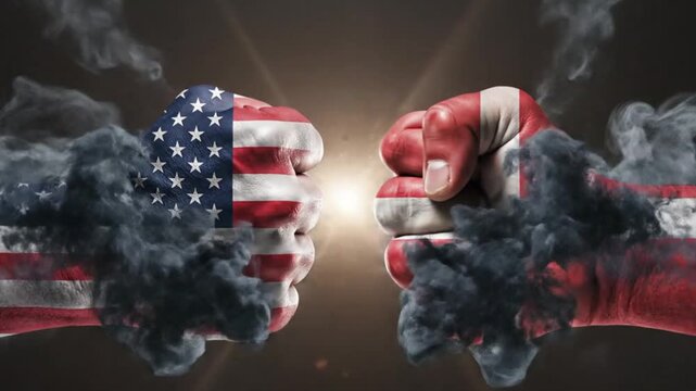 Two clenched fists, painted with distinct flag-like patterns, confront each other. This impactful visual embodies conflict, competition, and opposing forces, ideal for illustrating rivalry, struggle, 