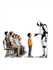 Robot and Child Interaction: A futuristic illustration depicts a humanoid robot engaged in a moment of interaction with a young child. The image prompts reflection on themes of technology, education.
