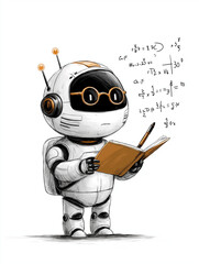 Smart Robot with Math: An animated robot with glasses and antennas, diligently solving mathematical equations in a notebook, embodies intelligence and learning in this creative illustration.