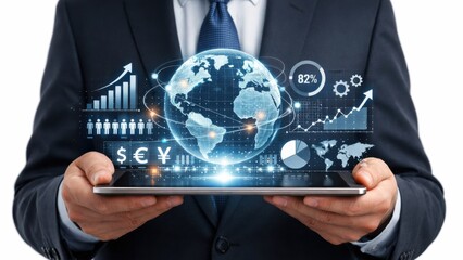 Businessman holding tablet with global data visualization and charts.