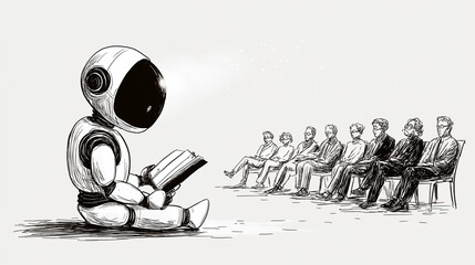 Robotic Storyteller: An anthropomorphic robot reads a book to a captivated audience. This conceptual illustration explores themes of technology, education, and the future.