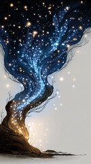 Celestial Tree of Lights: A mesmerizing digitally created image of a fantastical tree, its branches reaching upwards as ethereal strands, adorned with shimmering lights.
