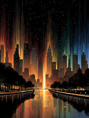 City Skyline at Twilight: A vibrant cityscape at twilight with colorful lights reflecting in the water, offering a serene contrast between nature and urban life.