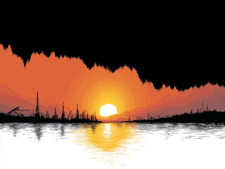 Industrial Sunset: The industrial skyline is silhouetted against a vibrant sunset over water, creating a stunning visual of industry, light, and reflection.