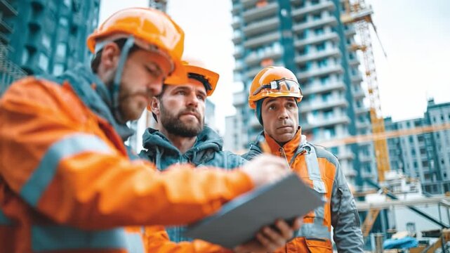Construction Team in Discussion: A focused construction team, clad in safety gear, intently reviews blueprints against the backdrop of an ongoing building project.