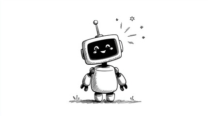Cheerful Bot's Spark: A charming illustration of a friendly robot with a monitor face radiating joy, standing in a field and stars above it, representing technology and innovation. 