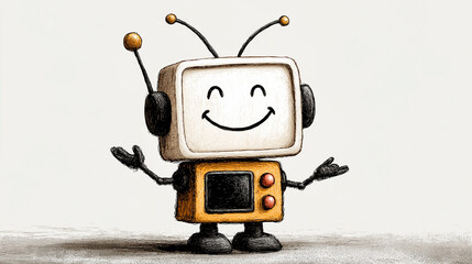 Animated TV Mascot Welcoming Viewers: An animated mascot, crafted as a vintage television set, beams a friendly smile while extending open arms, embodying a warm invitation to connect.