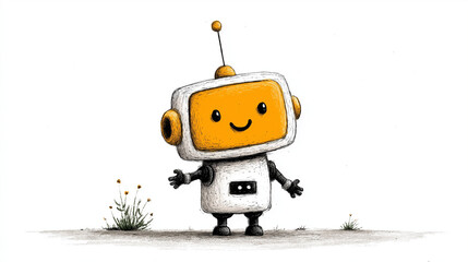Cheerful Robot's Simple Presence: A charming cartoon robot stands smiling and looking forward with joy in this illustration. It radiates friendliness and a sense of technological advancement.