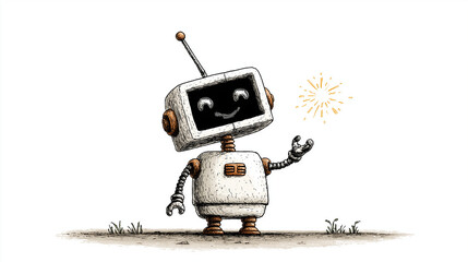Friendly Robot Creation: A charming and friendly robot with a vintage design. Its monitor-shaped head and antenna exude a sense of curiosity and technological wonder. Holding an abstract sparkle.