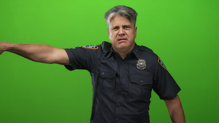Man police officer grimacing and pointing arm left with badge and radio visible in studio;...