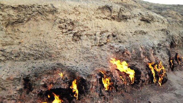 Yanardag, the Burning Mountain, in Baku, Azerbaijan. Landscape of Yanardag fire mountain with natural gas
