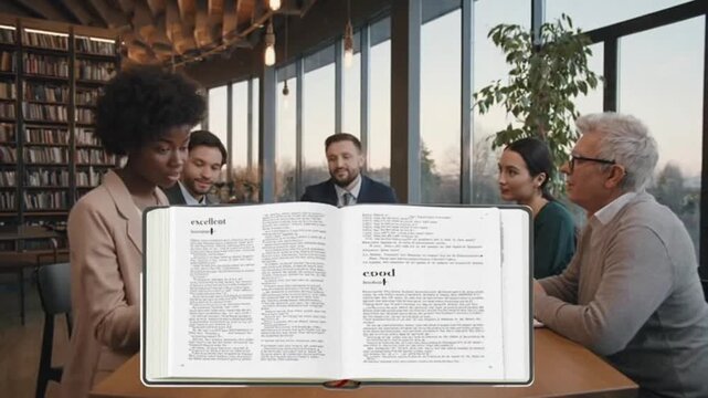 Diverse business team in meeting room consulting dictionary with natural lighting