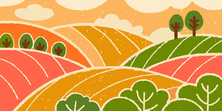 Colorful rolling hills with trees and fluffy clouds in a whimsical illustration
